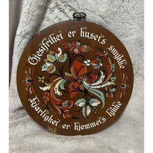 Vintage Norwegian Round Wooden Wall Hanging Cutting Board Mid Century Folk Art